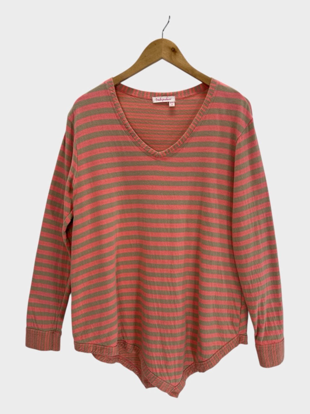 Fresh Produce Striped Asymmetric Long Sleeve Tunic Top Cotton Coral Tan M/L